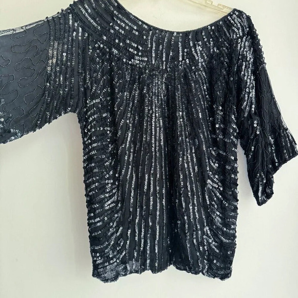 Vintage Frank Usher  Black All Over Sequin Sparkly Half Sleeve Top S - Picture 4 of 7